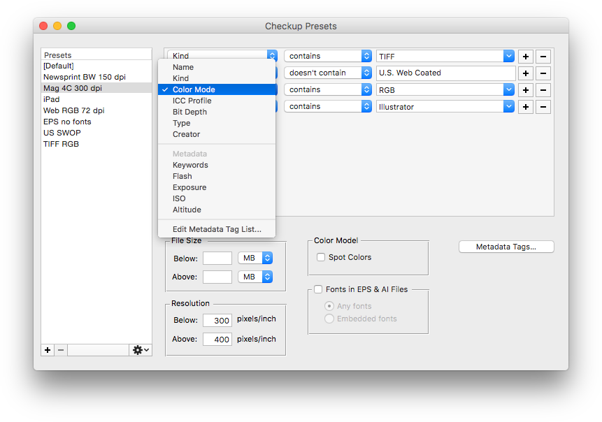 Graphic Inspector for Mac main preflight presets screenshot