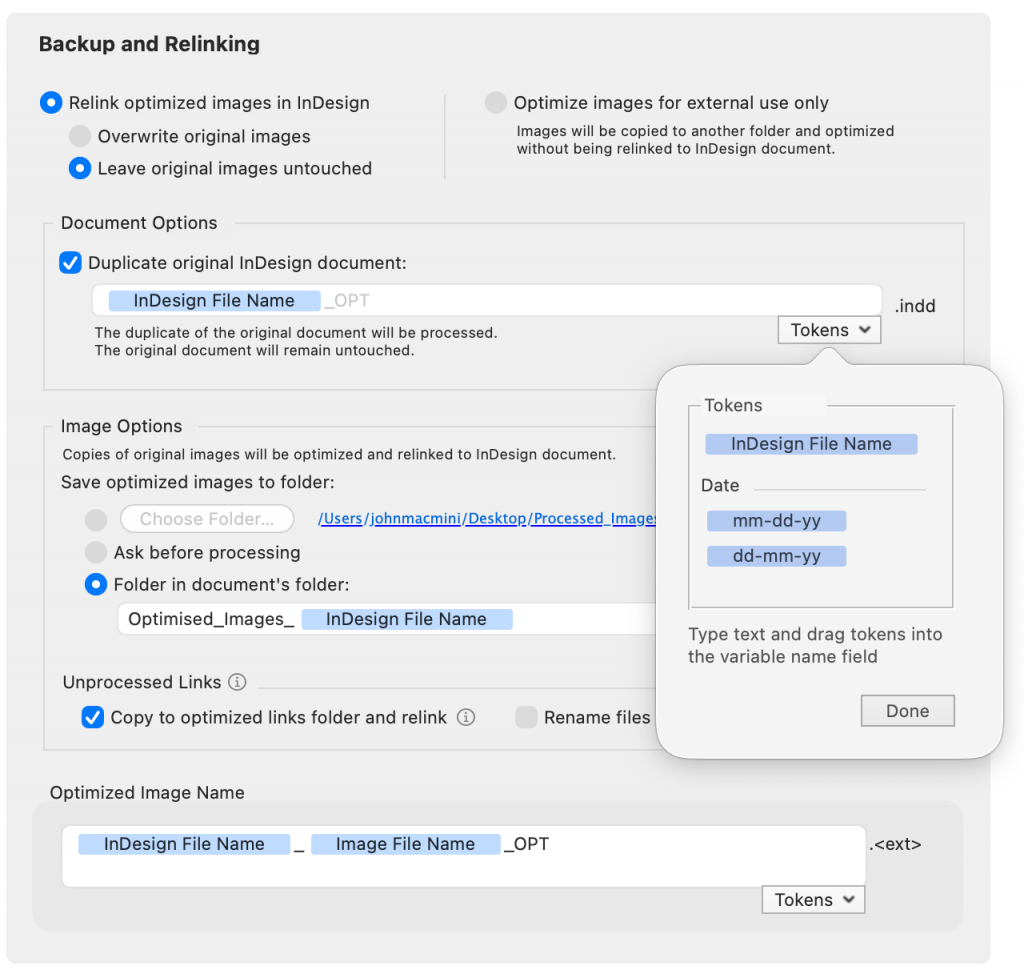 LinkOptimizer for InDesign: Backup optimized links screenshot