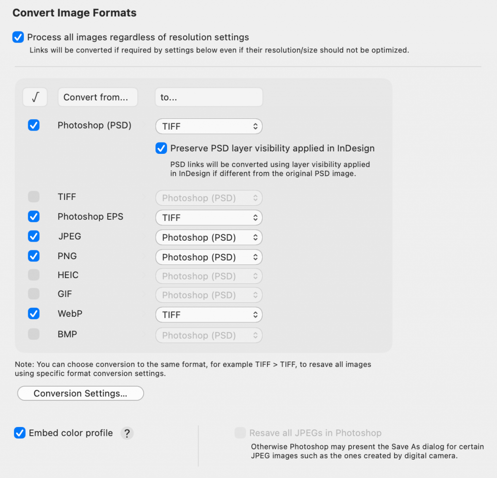 LinkOptimizer for InDesign: Convert image formats screenshot