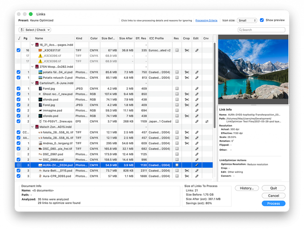 LinkOptimizer for InDesign: document links screenshot