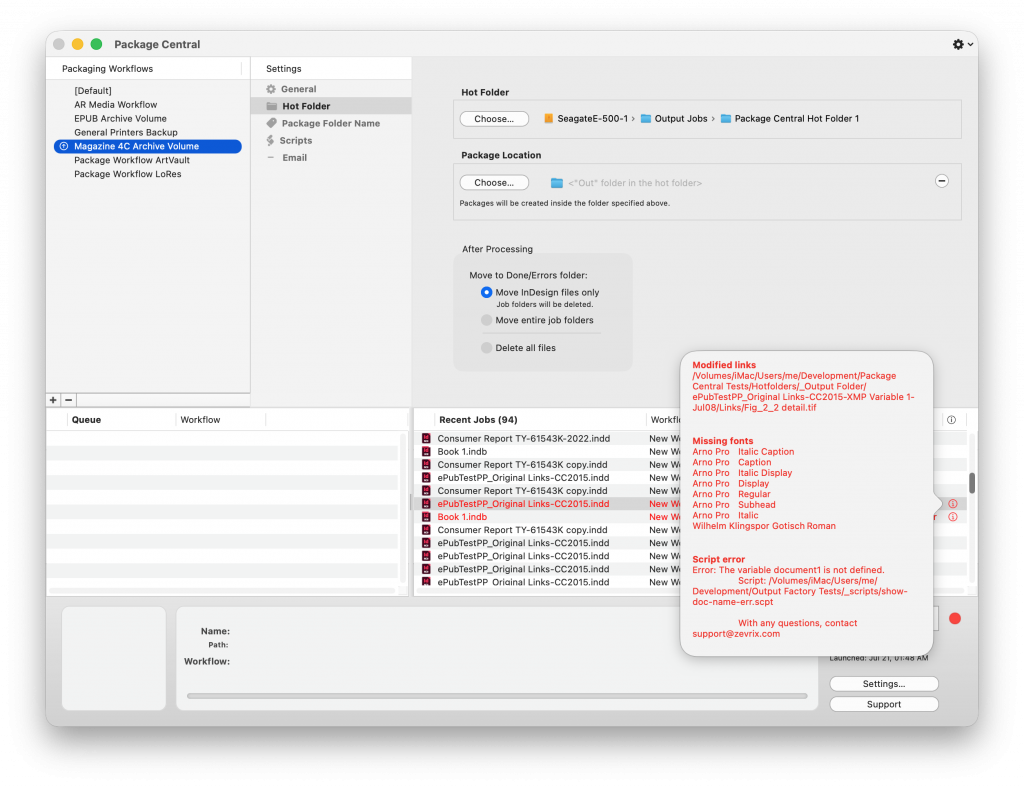 Package Central for InDesign: hot folder settings screenshot