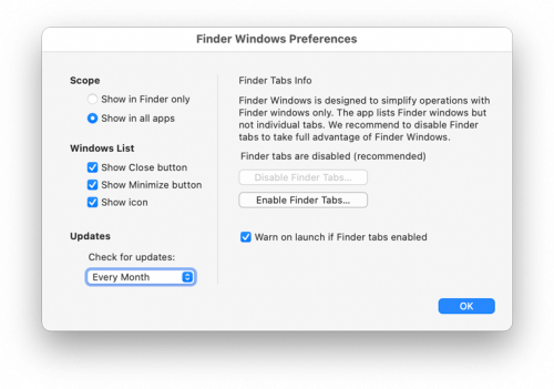 Finder Windows Preferences window